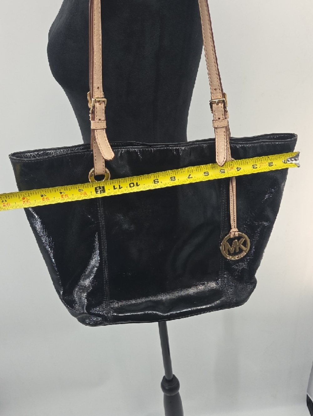 Michael Kors Black Patent Tote with Tan Straps and Gold MK Charm - Picture 13 of 16
